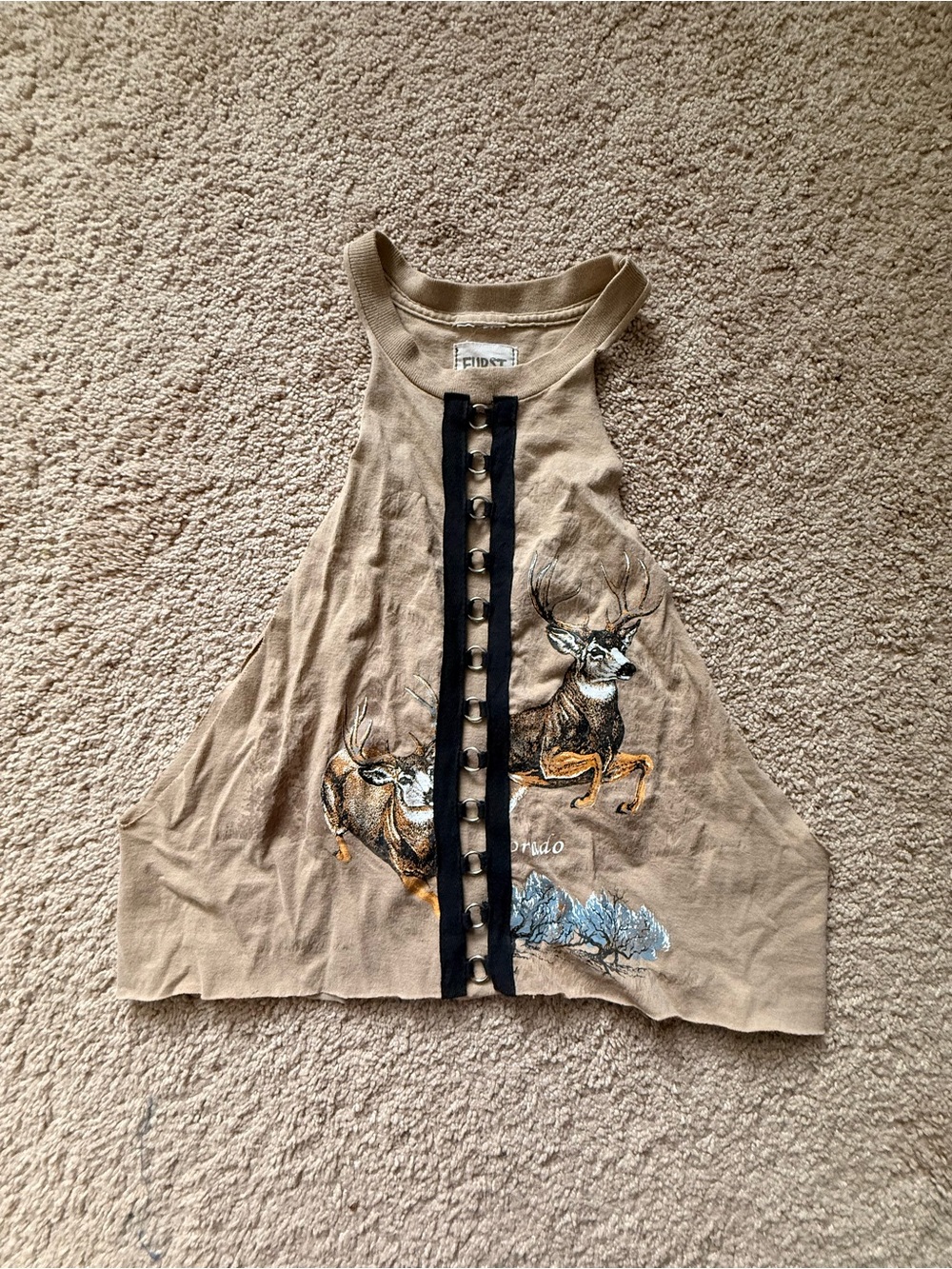 Beige Kids Tank Top with Deer Print and Black Button Placket